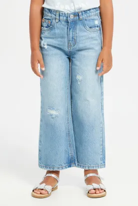 Girls Blue Ripped Wide Leg Denim Jeans