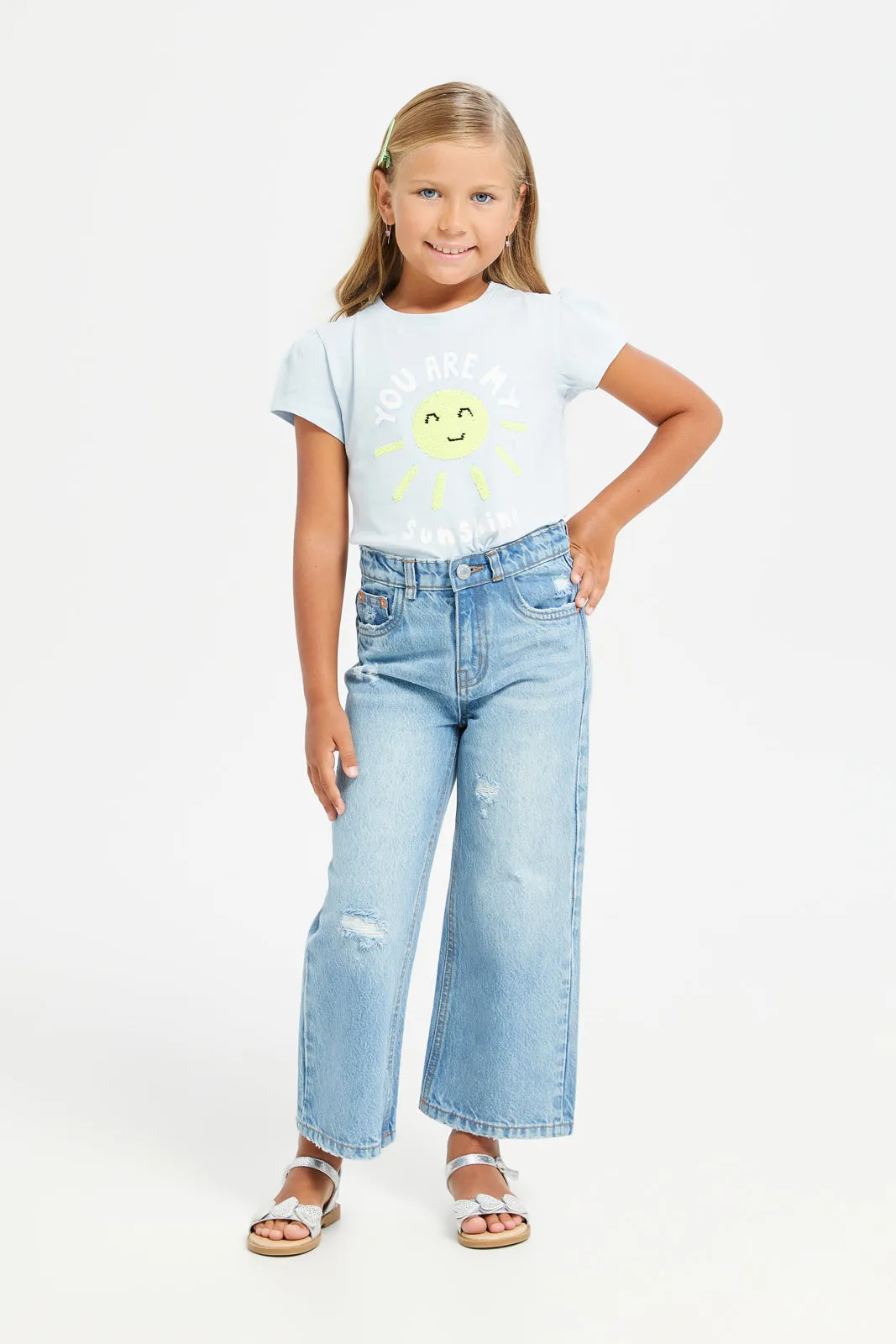 Girls Blue Ripped Wide Leg Denim Jeans