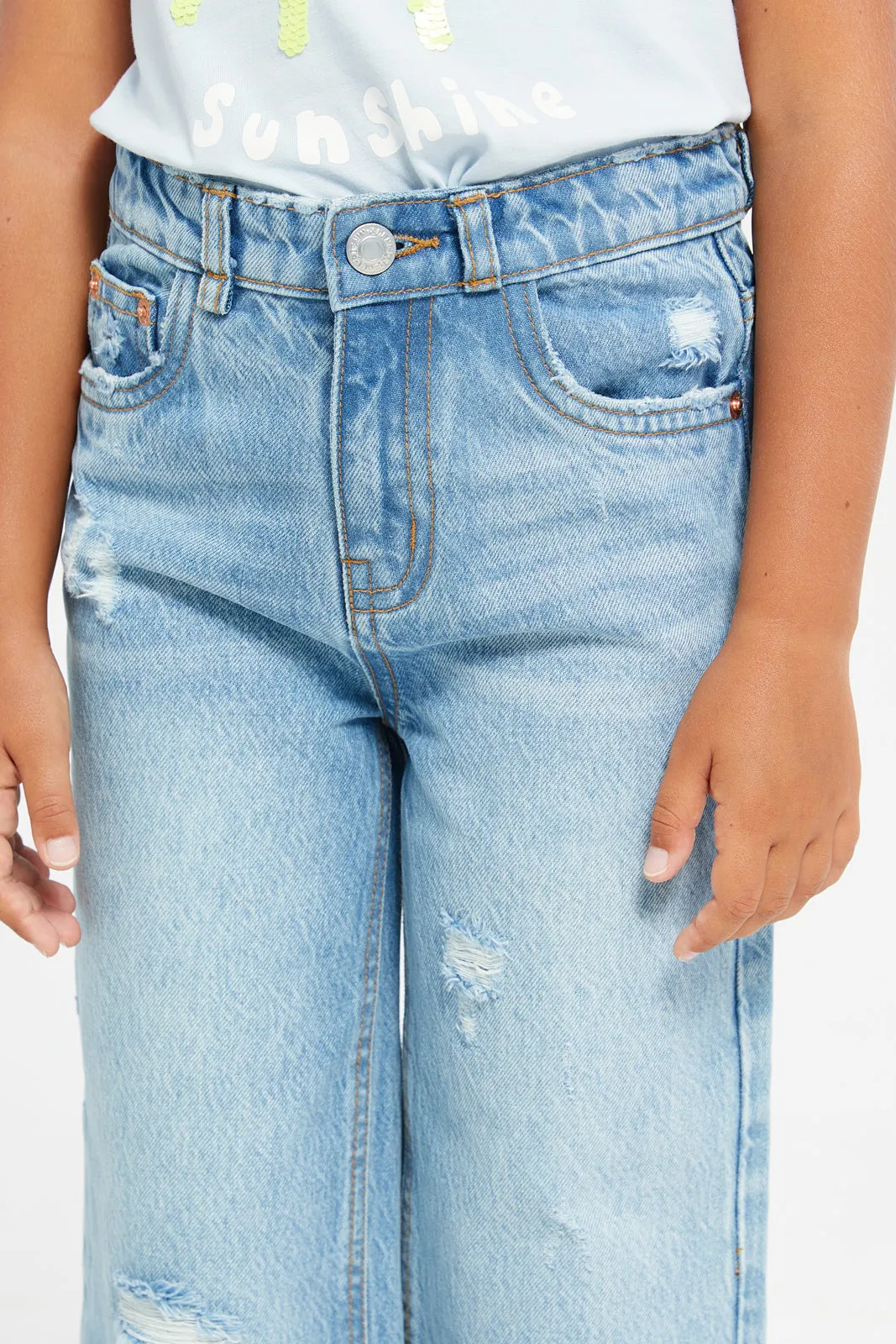 Girls Blue Ripped Wide Leg Denim Jeans