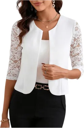 GORGLITTER Women's Lace 3/4 Sleeve Blazer Jackets Casual Business Interview Lightweight Blazer Office Work Outfits