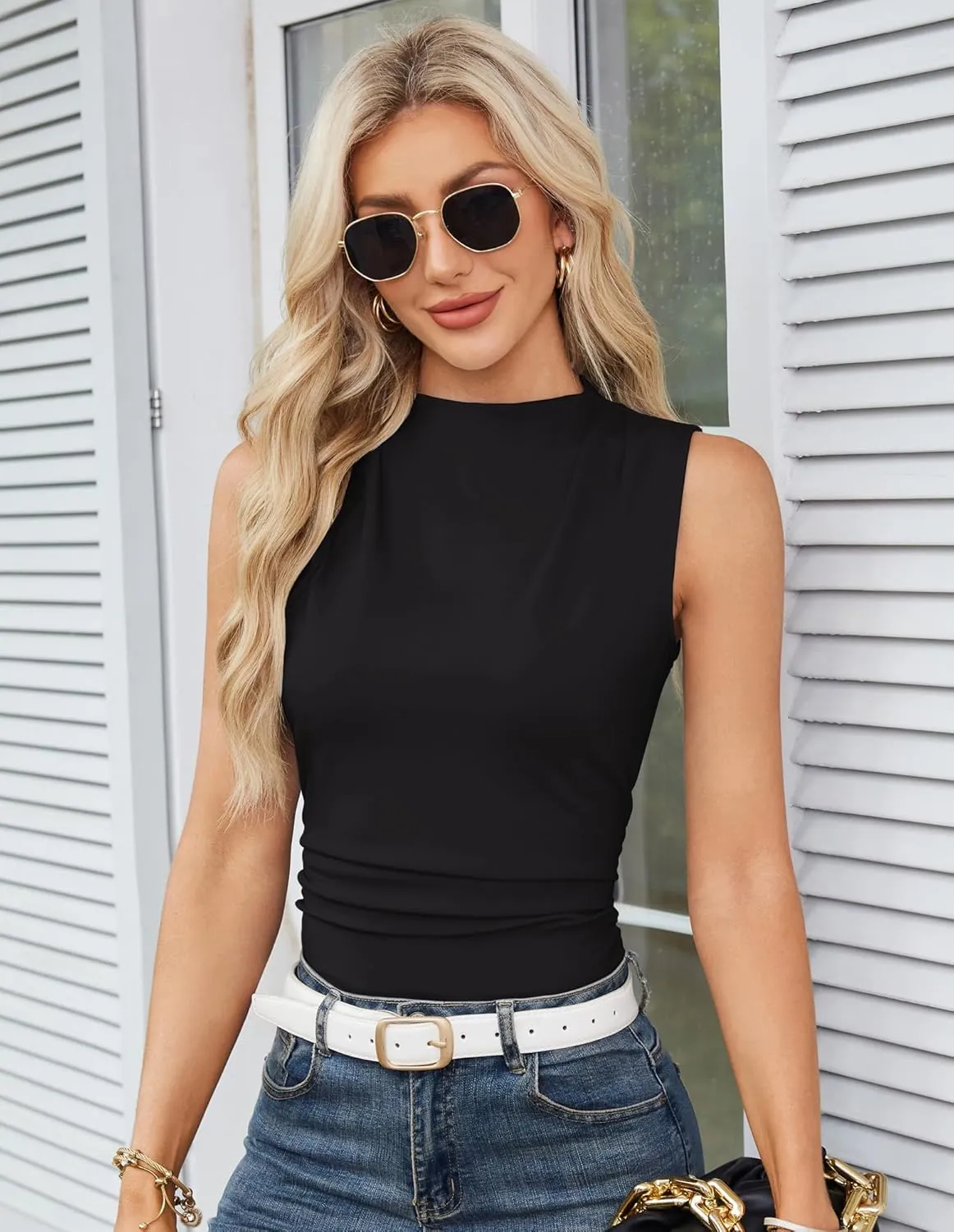 GRACE KARIN Women's Summer Tank Tops 2025 Mock Neck Sleeveless Ruched Slim Fitted Basic T Shirts Trendy Fashion Clothes