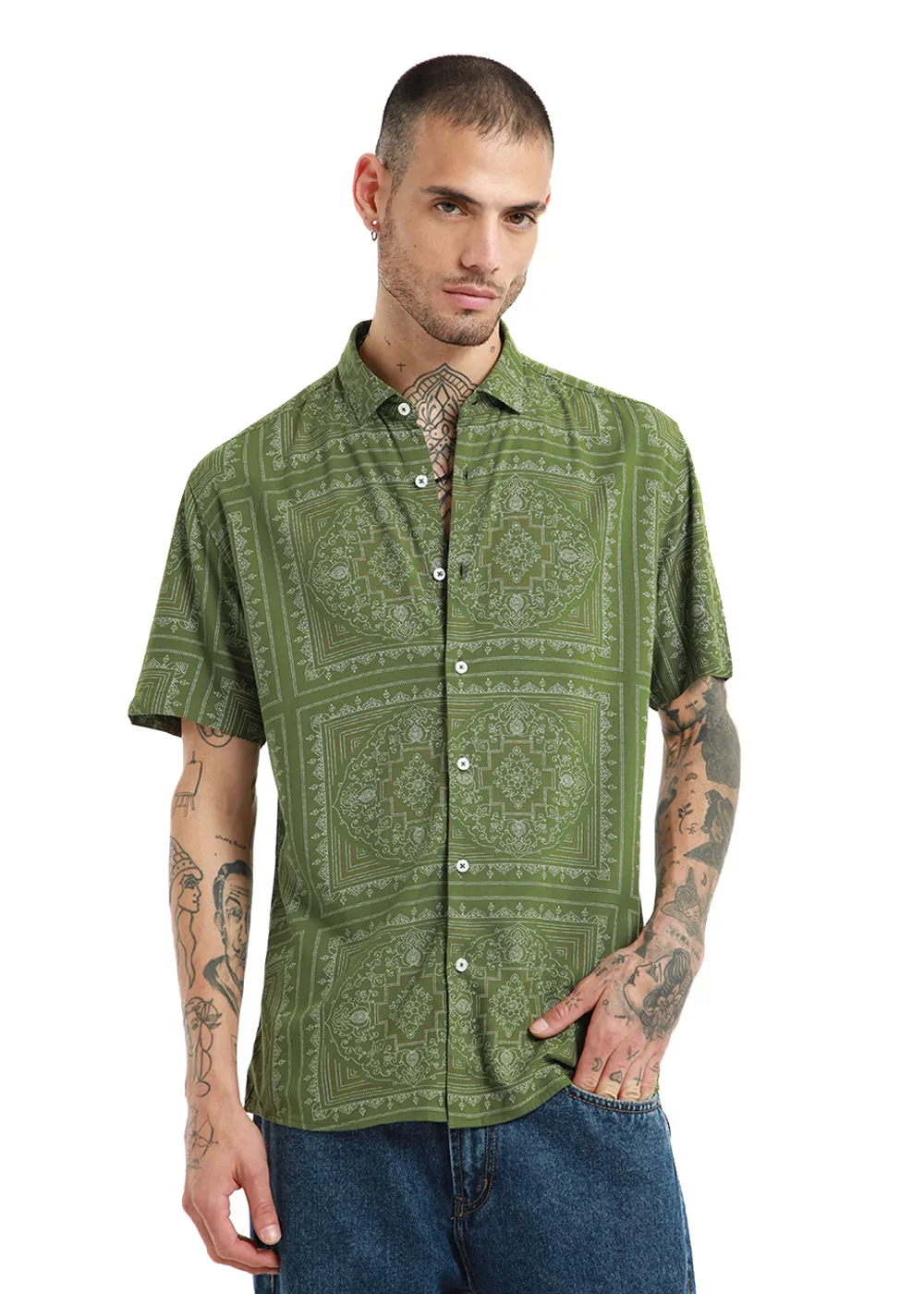 Green Bandana Print Half Sleeve Shirt