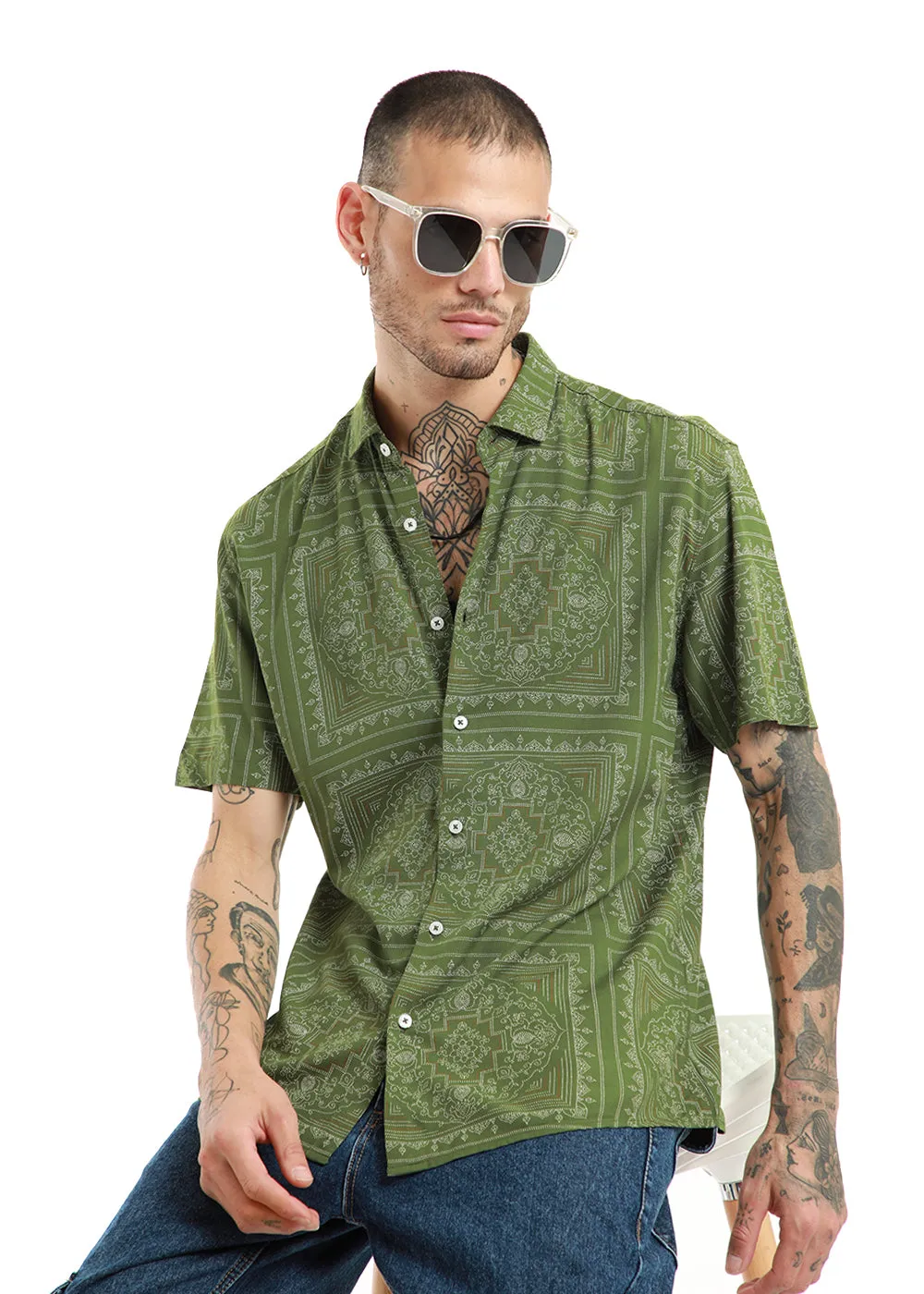 Green Bandana Print Half Sleeve Shirt