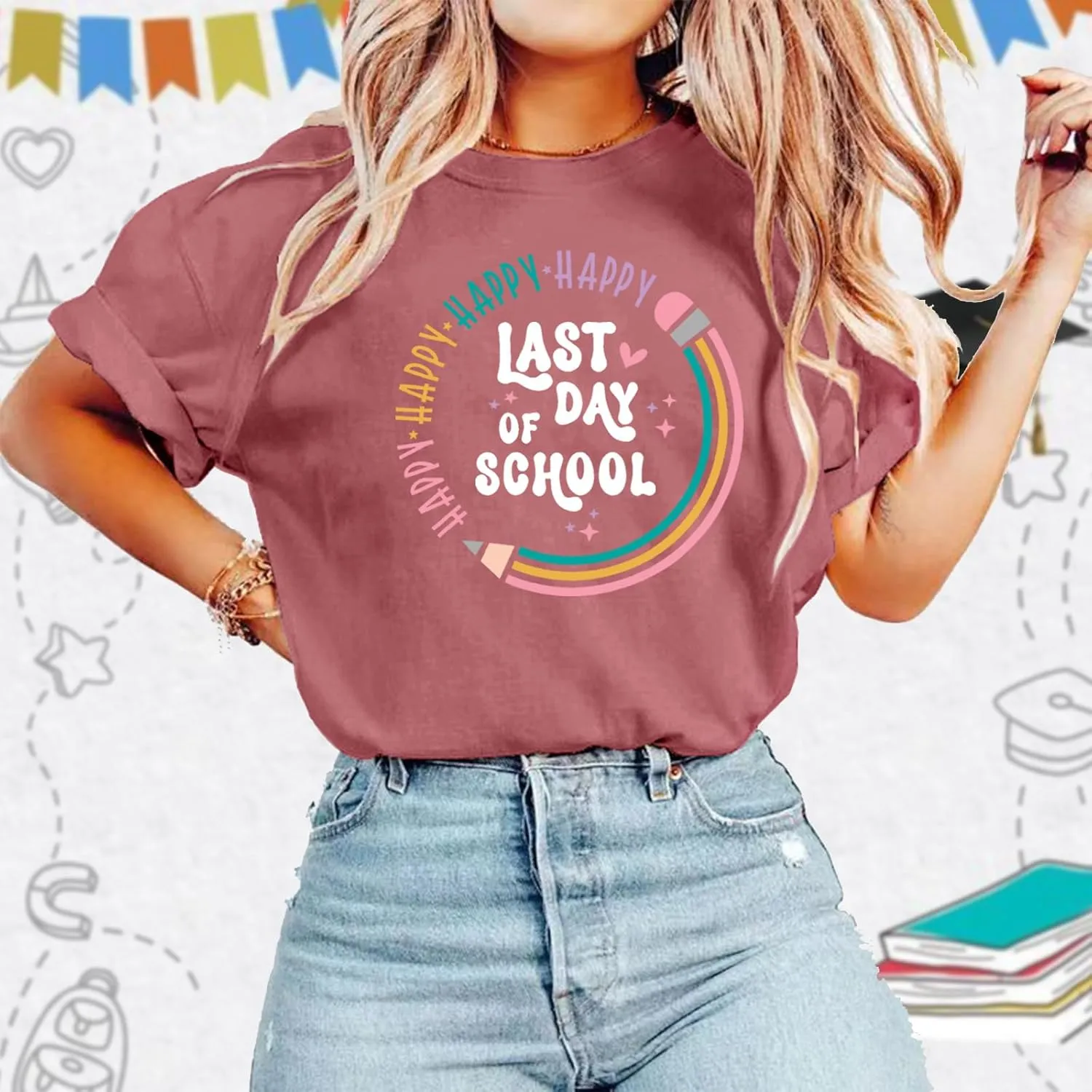 Happy Last Day of School Shirts for Women: Funny Teaching Tees End of The Year Teach Gift T-Shirt Tops