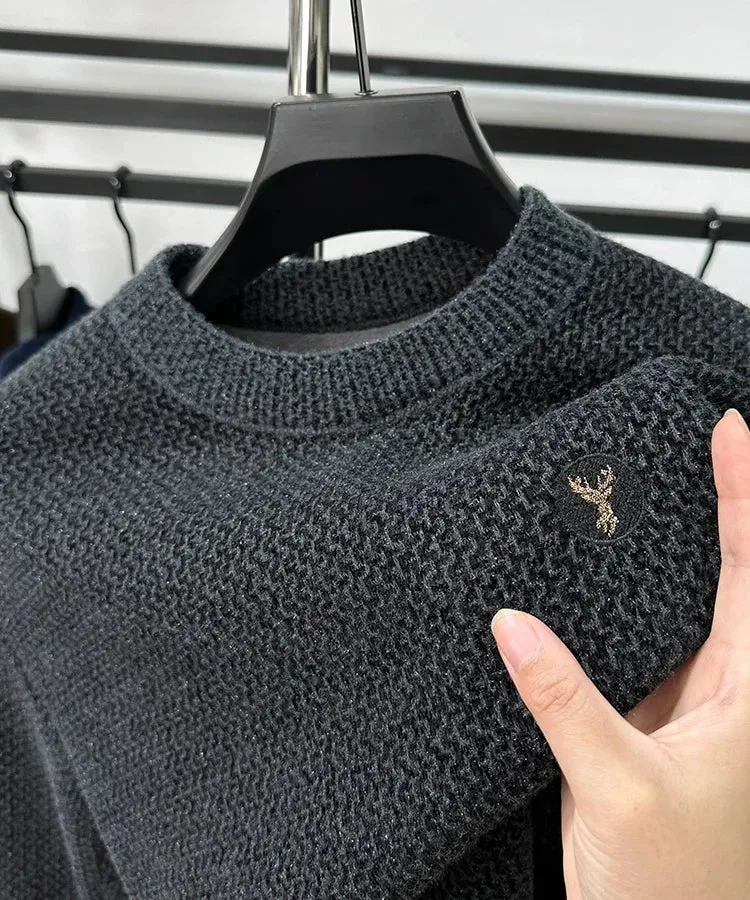 High-end Spring and Autumn Men's Solid Color Fashionable New Round Neck Plus Velvet Pullover Casual Long-sleeved T-shirt Top