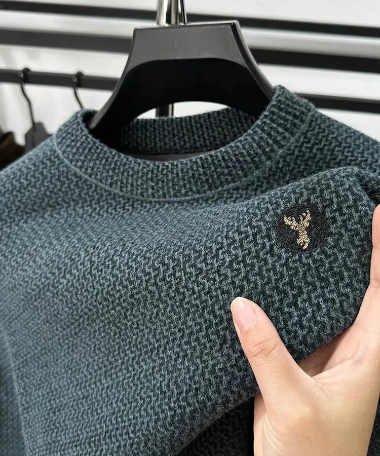 High-end Spring and Autumn Men's Solid Color Fashionable New Round Neck Plus Velvet Pullover Casual Long-sleeved T-shirt Top