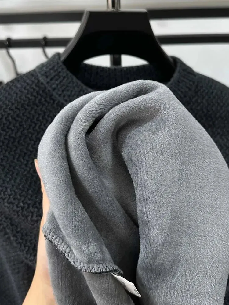 High-end Spring and Autumn Men's Solid Color Fashionable New Round Neck Plus Velvet Pullover Casual Long-sleeved T-shirt Top