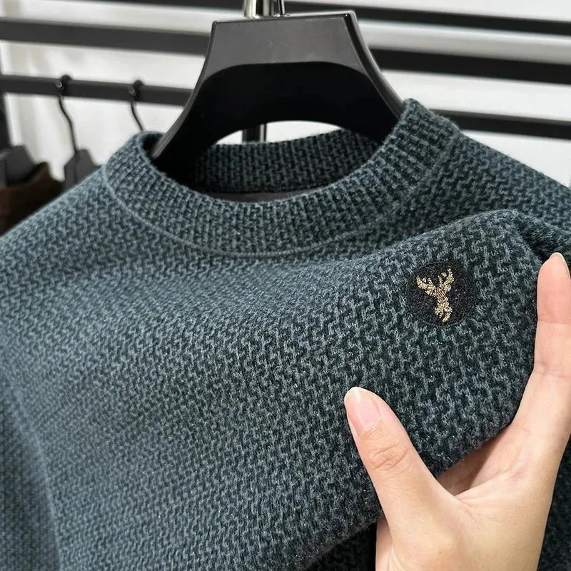High-end Spring and Autumn Men's Solid Color Fashionable New Round Neck Plus Velvet Pullover Casual Long-sleeved T-shirt Top