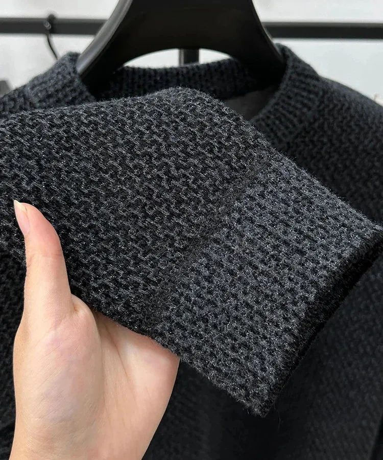 High-end Spring and Autumn Men's Solid Color Fashionable New Round Neck Plus Velvet Pullover Casual Long-sleeved T-shirt Top