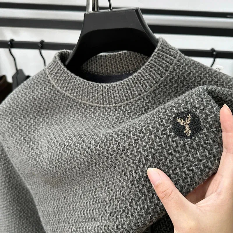 High-end Spring and Autumn Men's Solid Color Fashionable New Round Neck Plus Velvet Pullover Casual Long-sleeved T-shirt Top