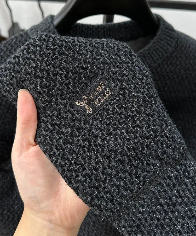 High-end Spring and Autumn Men's Solid Color Fashionable New Round Neck Plus Velvet Pullover Casual Long-sleeved T-shirt Top