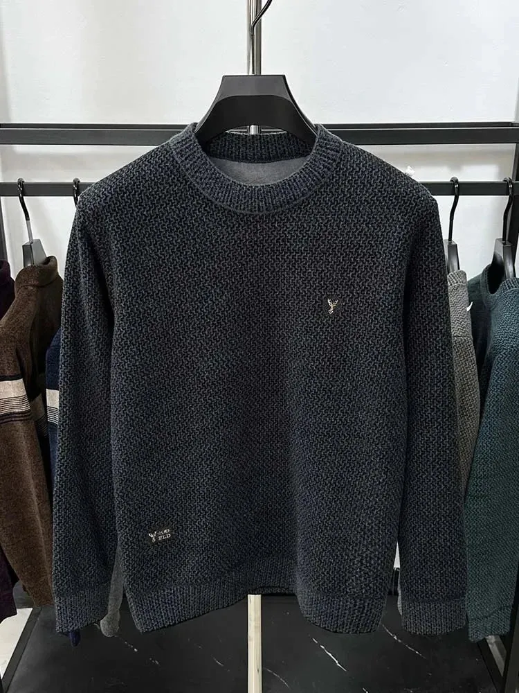 High-end Spring and Autumn Men's Solid Color Fashionable New Round Neck Plus Velvet Pullover Casual Long-sleeved T-shirt Top