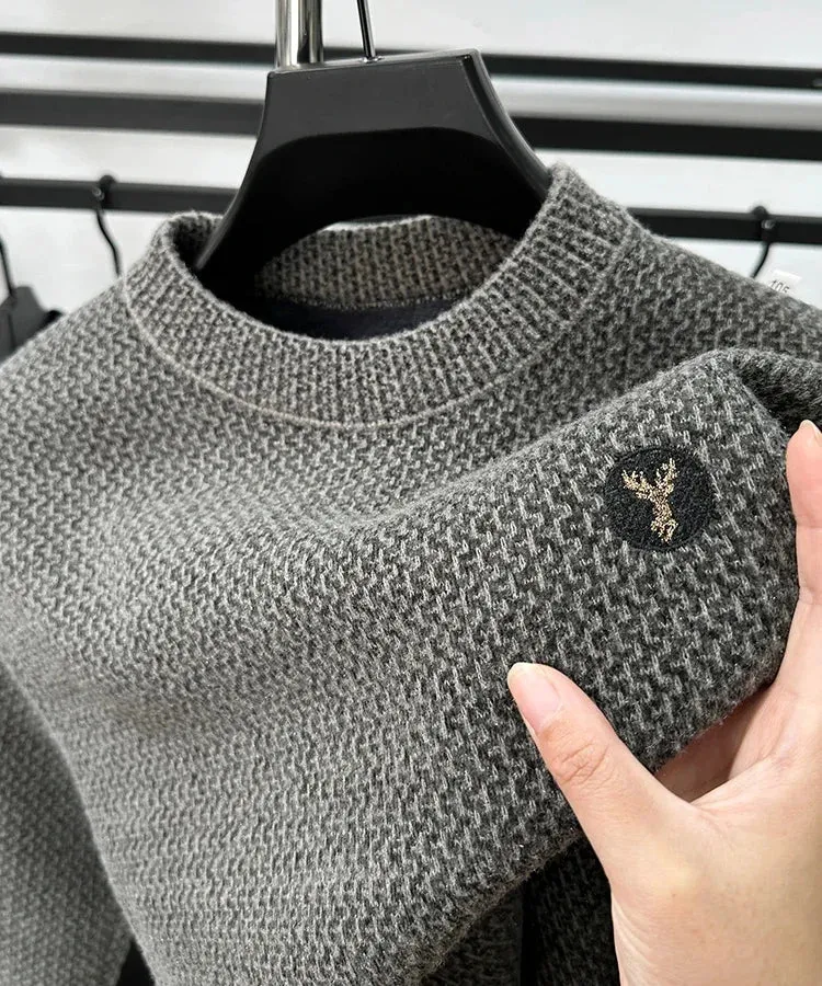 High-end Spring and Autumn Men's Solid Color Fashionable New Round Neck Plus Velvet Pullover Casual Long-sleeved T-shirt Top