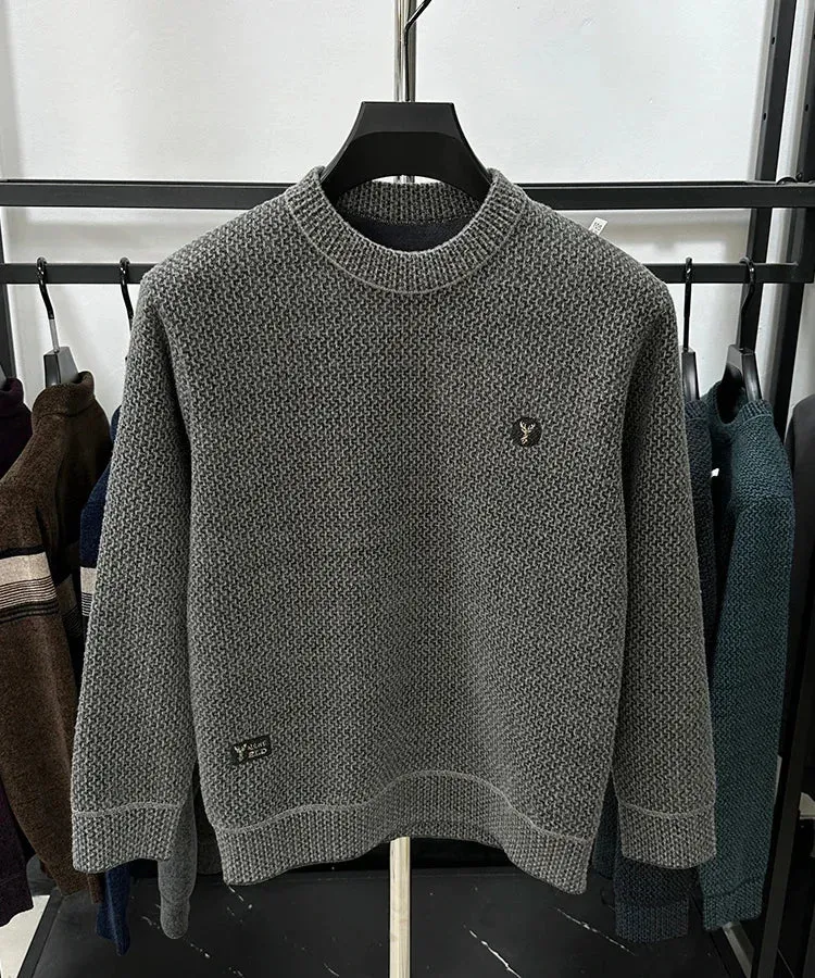 High-end Spring and Autumn Men's Solid Color Fashionable New Round Neck Plus Velvet Pullover Casual Long-sleeved T-shirt Top