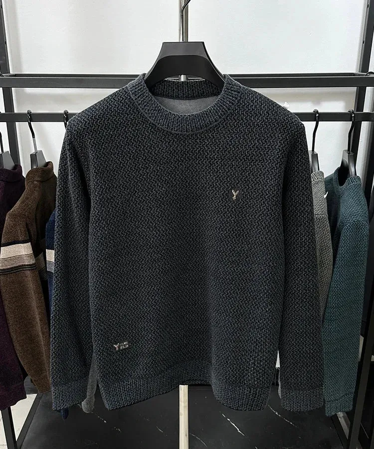 High-end Spring and Autumn Men's Solid Color Fashionable New Round Neck Plus Velvet Pullover Casual Long-sleeved T-shirt Top