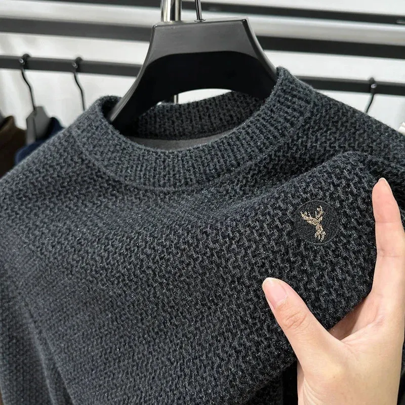 High-end Spring and Autumn Men's Solid Color Fashionable New Round Neck Plus Velvet Pullover Casual Long-sleeved T-shirt Top