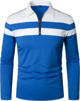 HOOD CREW Mens Long Sleeve Polo Shirt Casual Slim Fit Shirts Contrast Color Patchwork T Shirts Cotton Tops