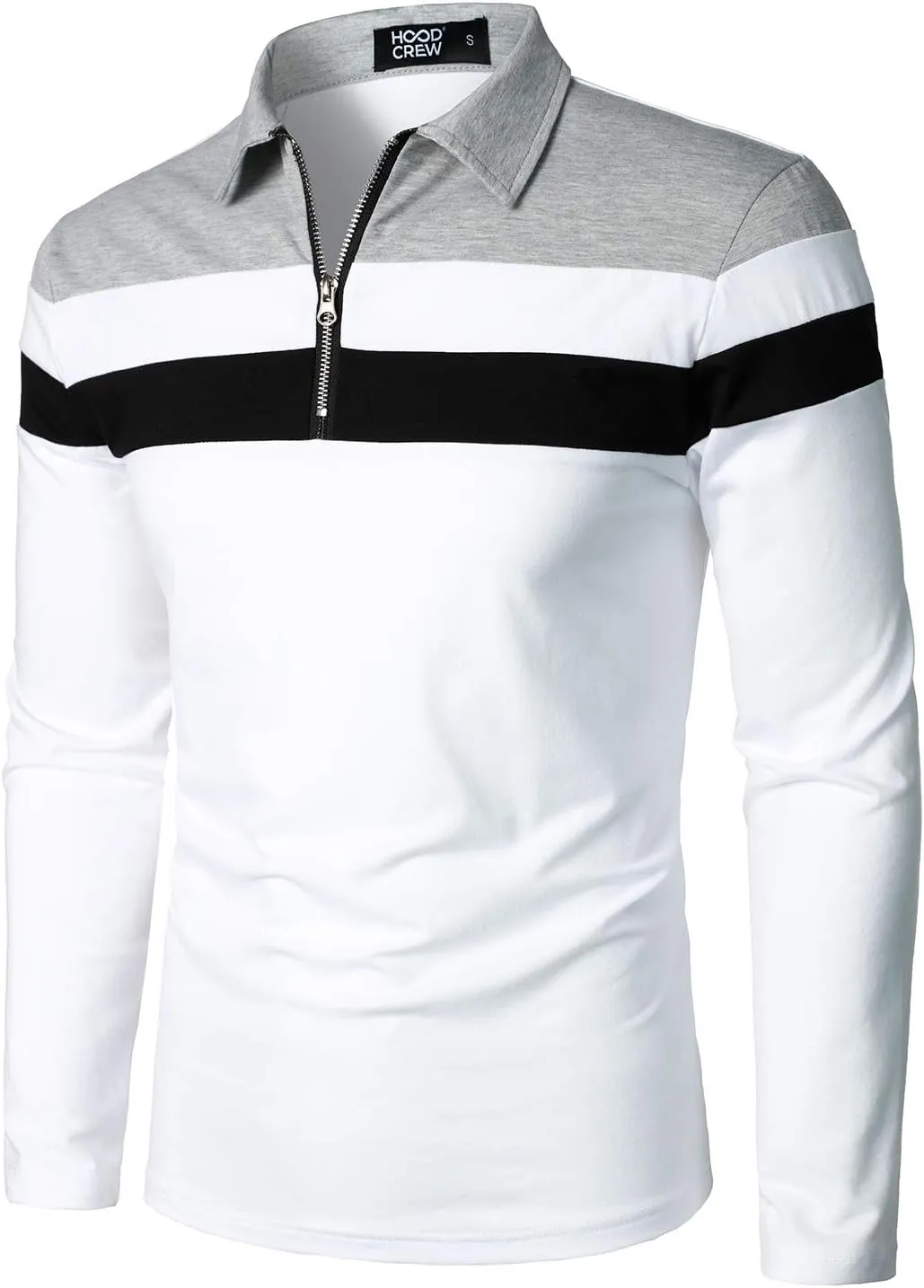 HOOD CREW Mens Long Sleeve Polo Shirt Casual Slim Fit Shirts Contrast Color Patchwork T Shirts Cotton Tops