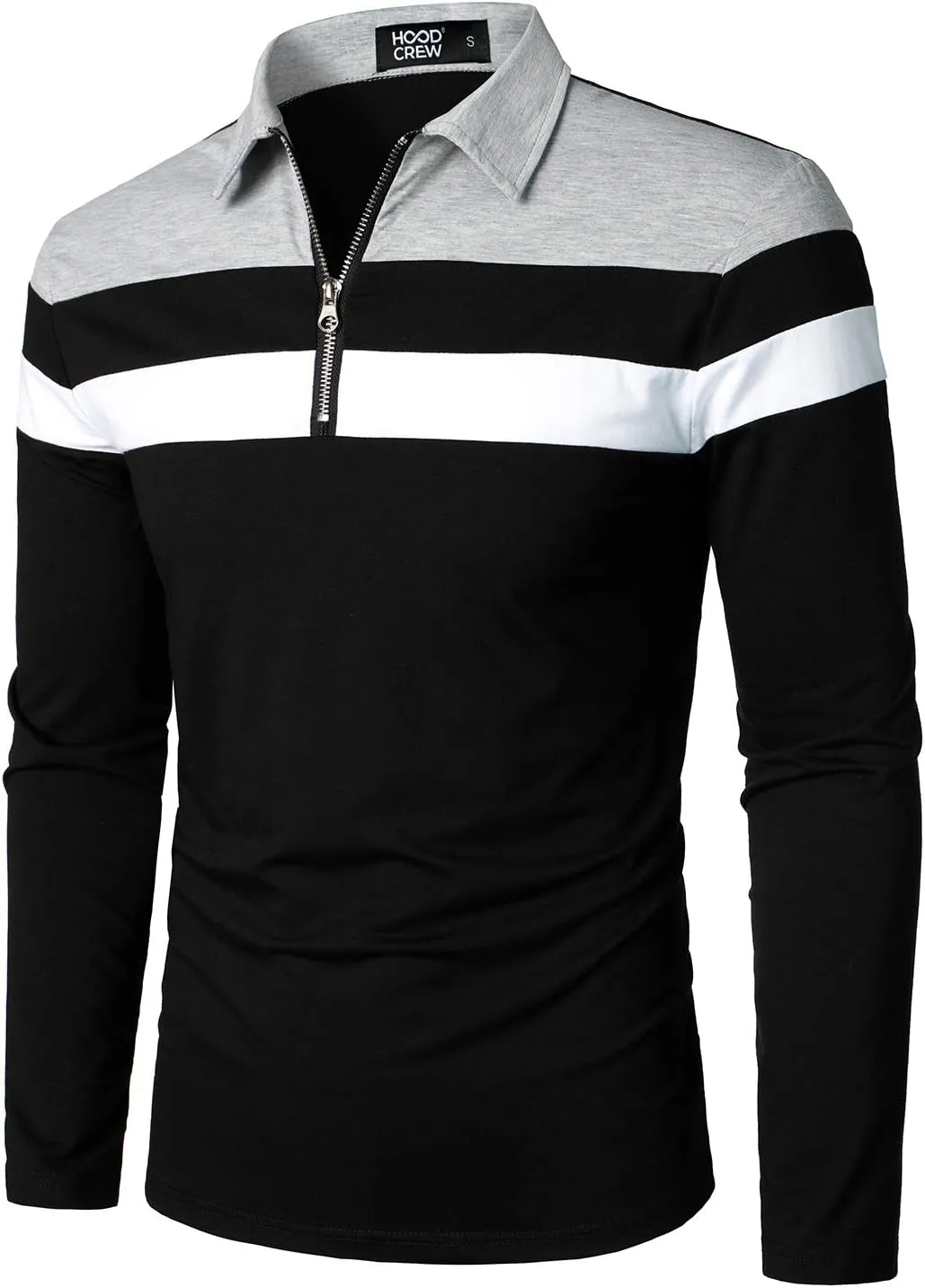 HOOD CREW Mens Long Sleeve Polo Shirt Casual Slim Fit Shirts Contrast Color Patchwork T Shirts Cotton Tops