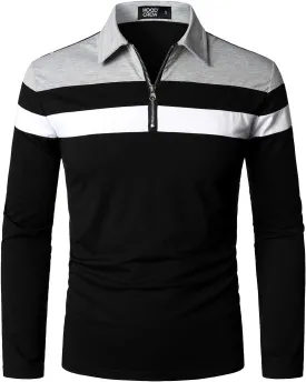 HOOD CREW Mens Long Sleeve Polo Shirt Casual Slim Fit Shirts Contrast Color Patchwork T Shirts Cotton Tops