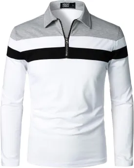 HOOD CREW Mens Long Sleeve Polo Shirt Casual Slim Fit Shirts Contrast Color Patchwork T Shirts Cotton Tops