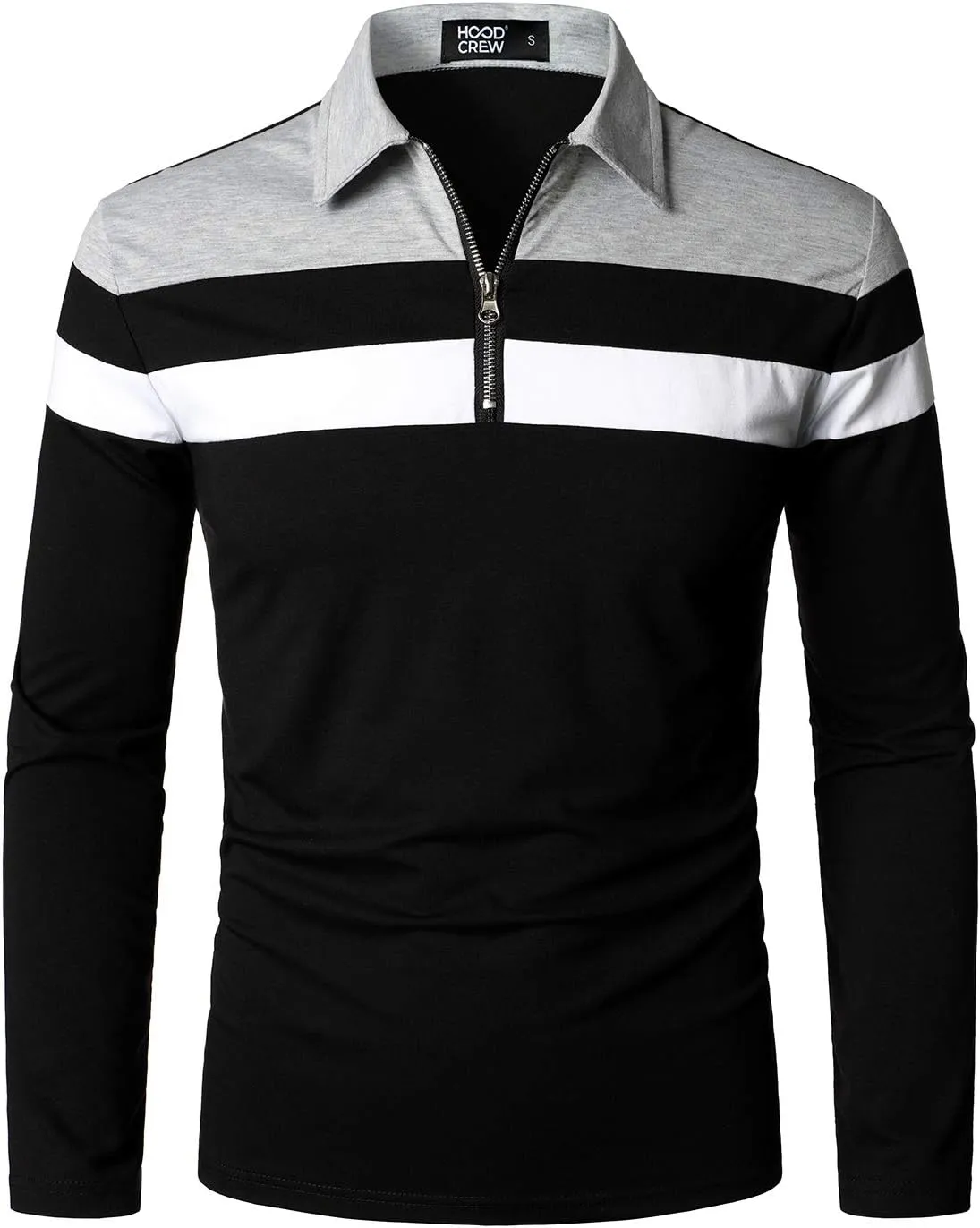 HOOD CREW Mens Long Sleeve Polo Shirt Casual Slim Fit Shirts Contrast Color Patchwork T Shirts Cotton Tops