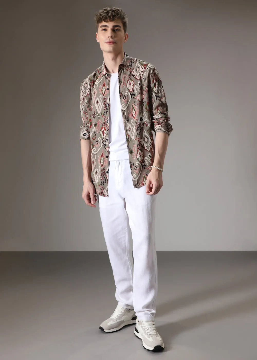 Ikat Tan Beige Feather Shirt