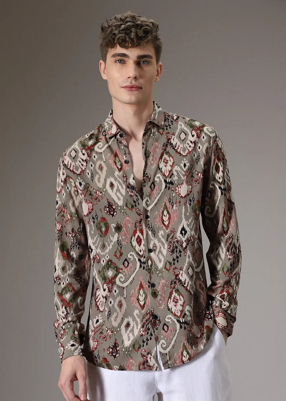 Ikat Tan Beige Feather Shirt