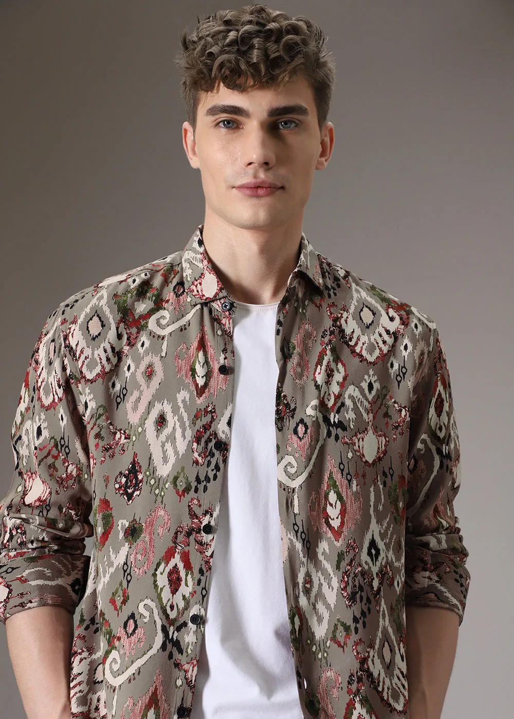 Ikat Tan Beige Feather Shirt