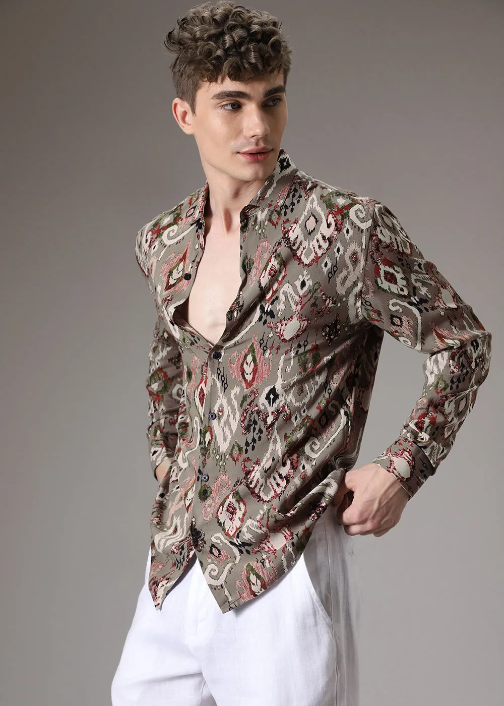 Ikat Tan Beige Feather Shirt