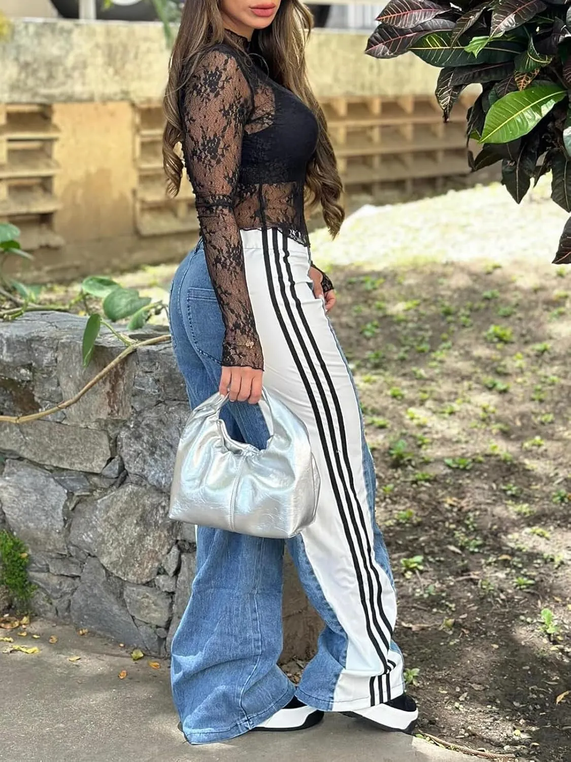 KANSOON Womens Jeans with Stretchy High Waisted Wide Leg Colorblock Patchwork Striped Trendy Streetwear Pants