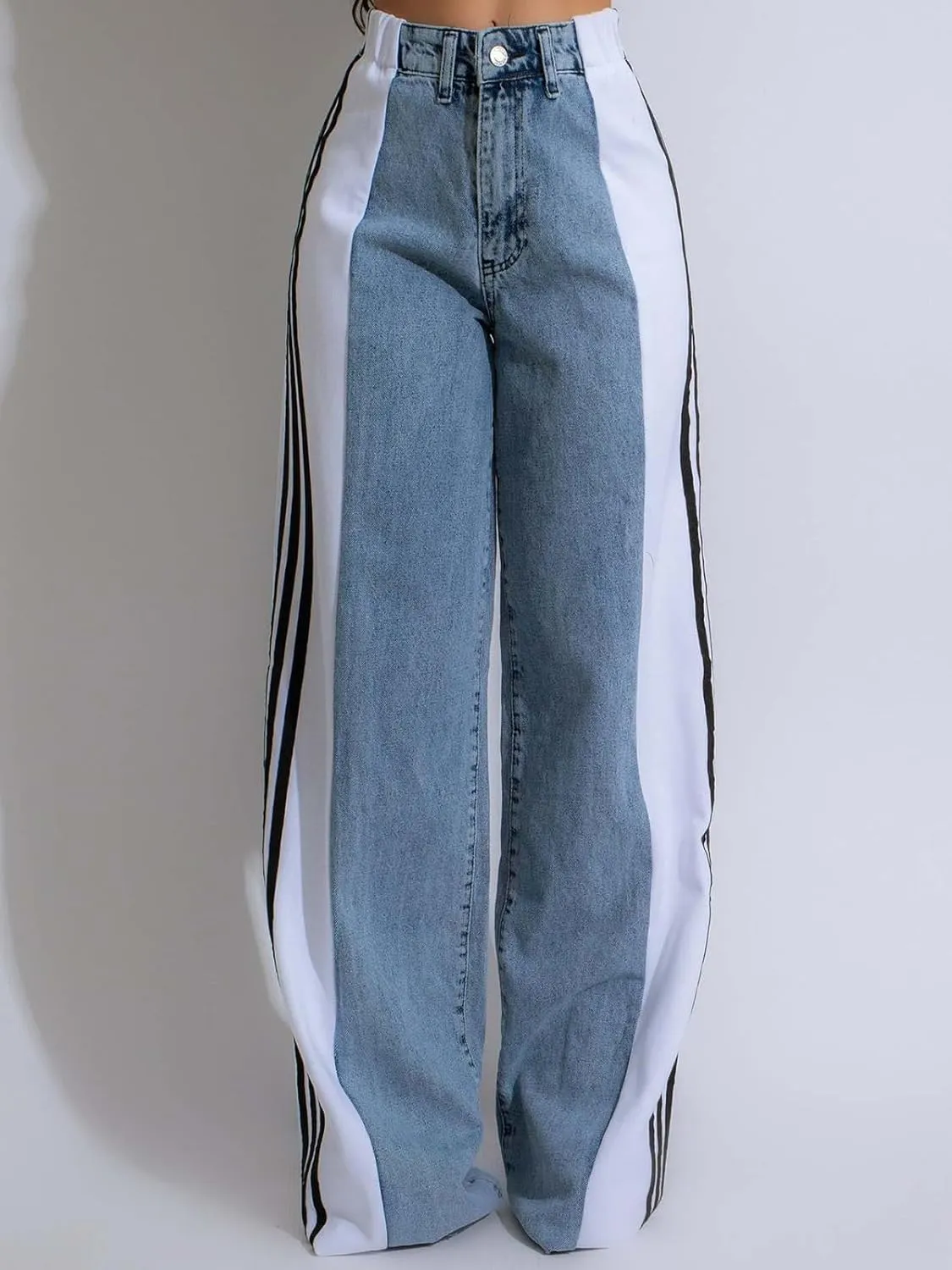 KANSOON Womens Jeans with Stretchy High Waisted Wide Leg Colorblock Patchwork Striped Trendy Streetwear Pants