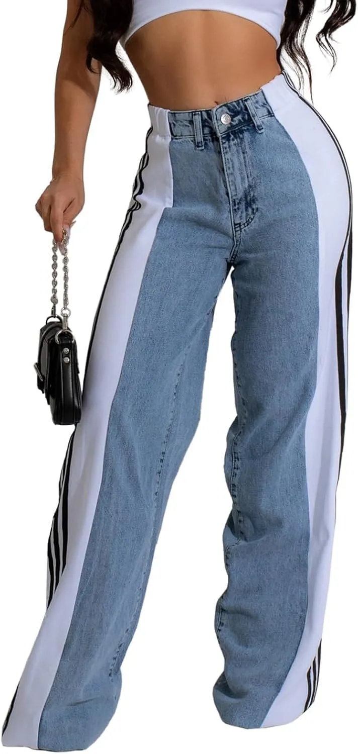 KANSOON Womens Jeans with Stretchy High Waisted Wide Leg Colorblock Patchwork Striped Trendy Streetwear Pants
