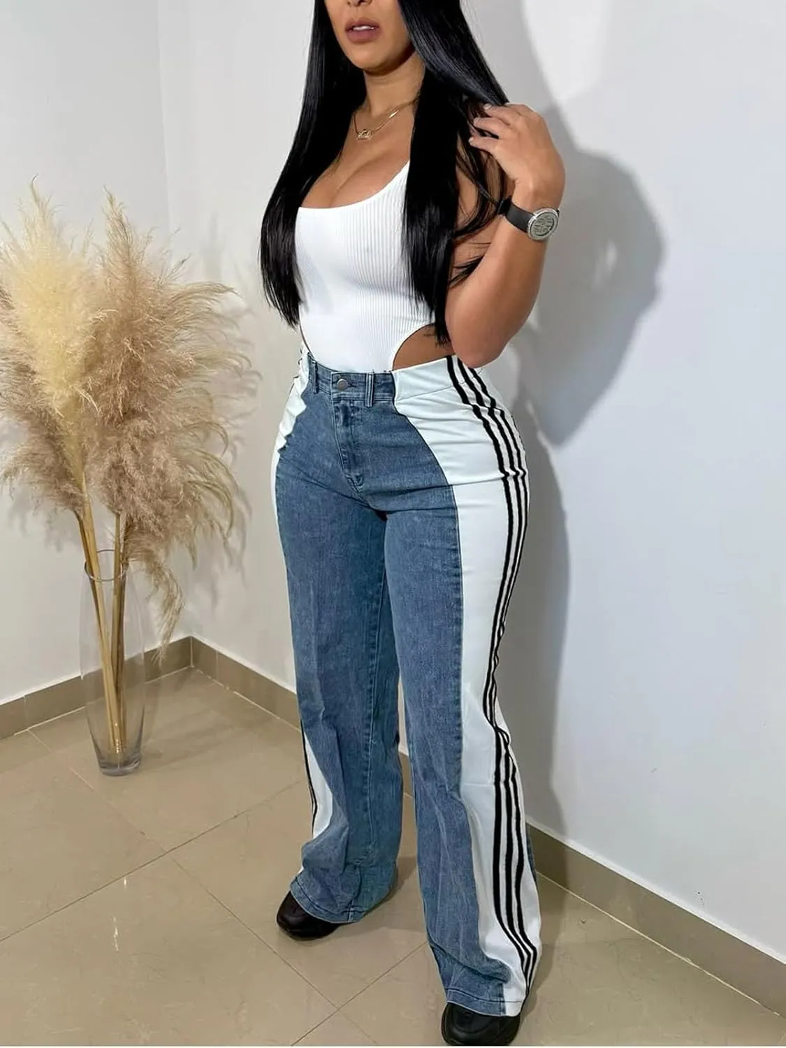 KANSOON Womens Jeans with Stretchy High Waisted Wide Leg Colorblock Patchwork Striped Trendy Streetwear Pants