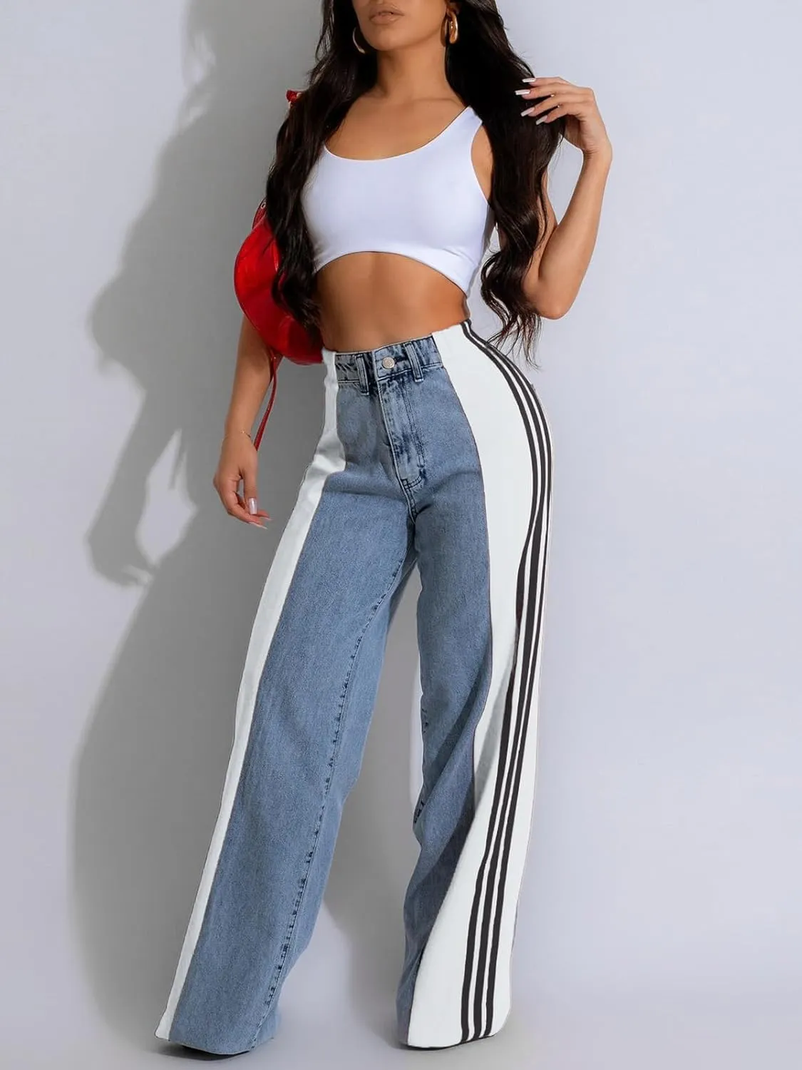 KANSOON Womens Jeans with Stretchy High Waisted Wide Leg Colorblock Patchwork Striped Trendy Streetwear Pants
