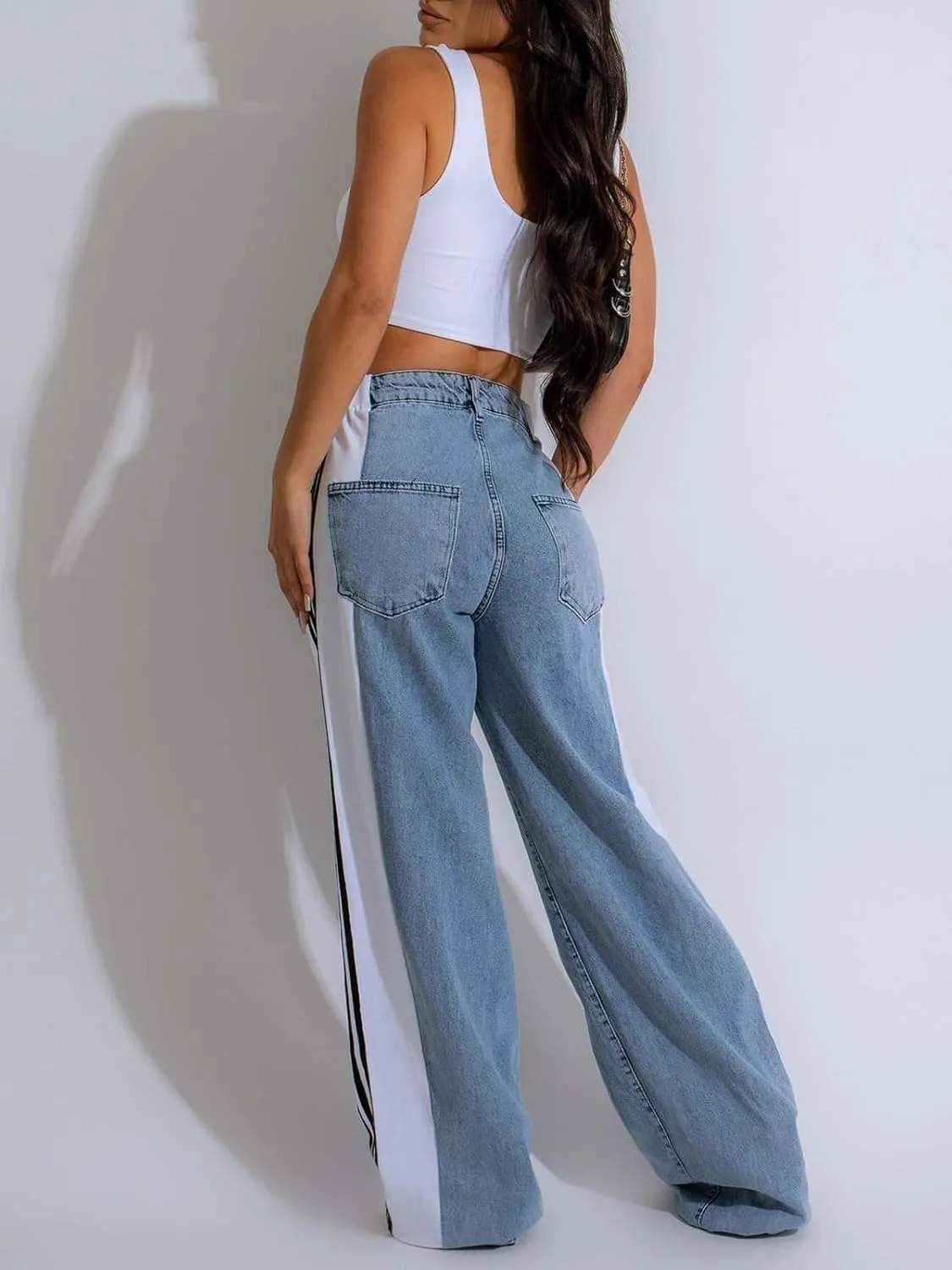 KANSOON Womens Jeans with Stretchy High Waisted Wide Leg Colorblock Patchwork Striped Trendy Streetwear Pants
