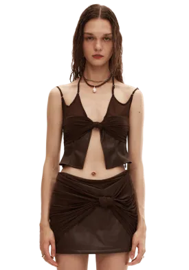Knitted Patchwork Leather Knot Strap Top