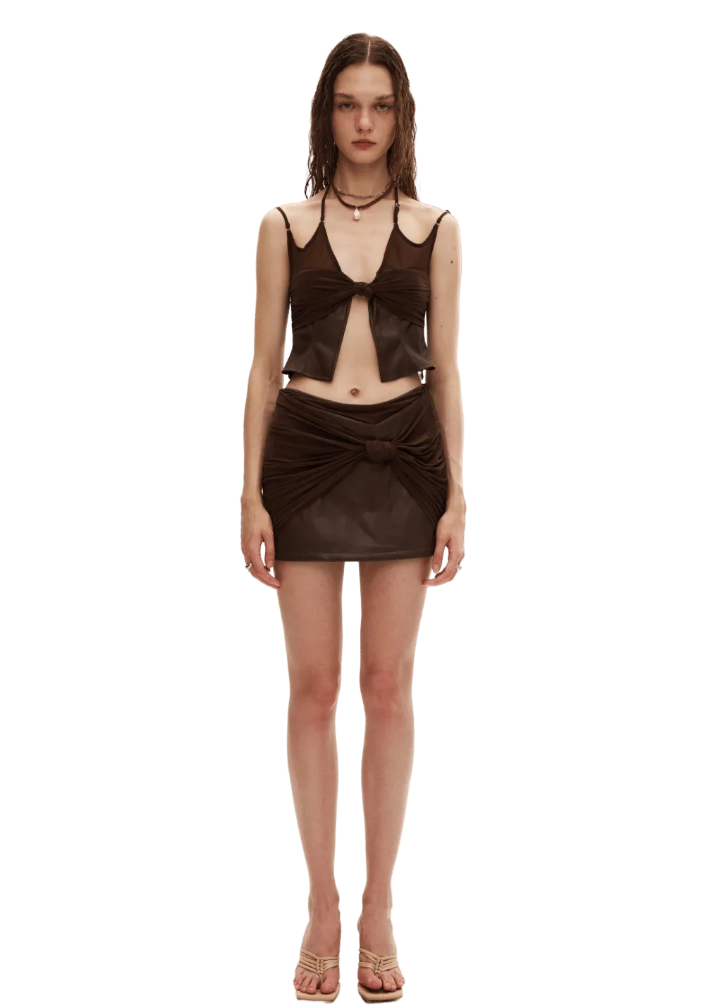 Knitted Patchwork Leather Knot Strap Top
