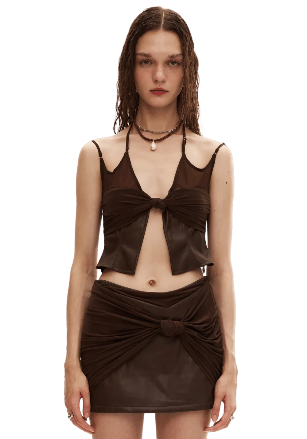 Knitted Patchwork Leather Knot Strap Top