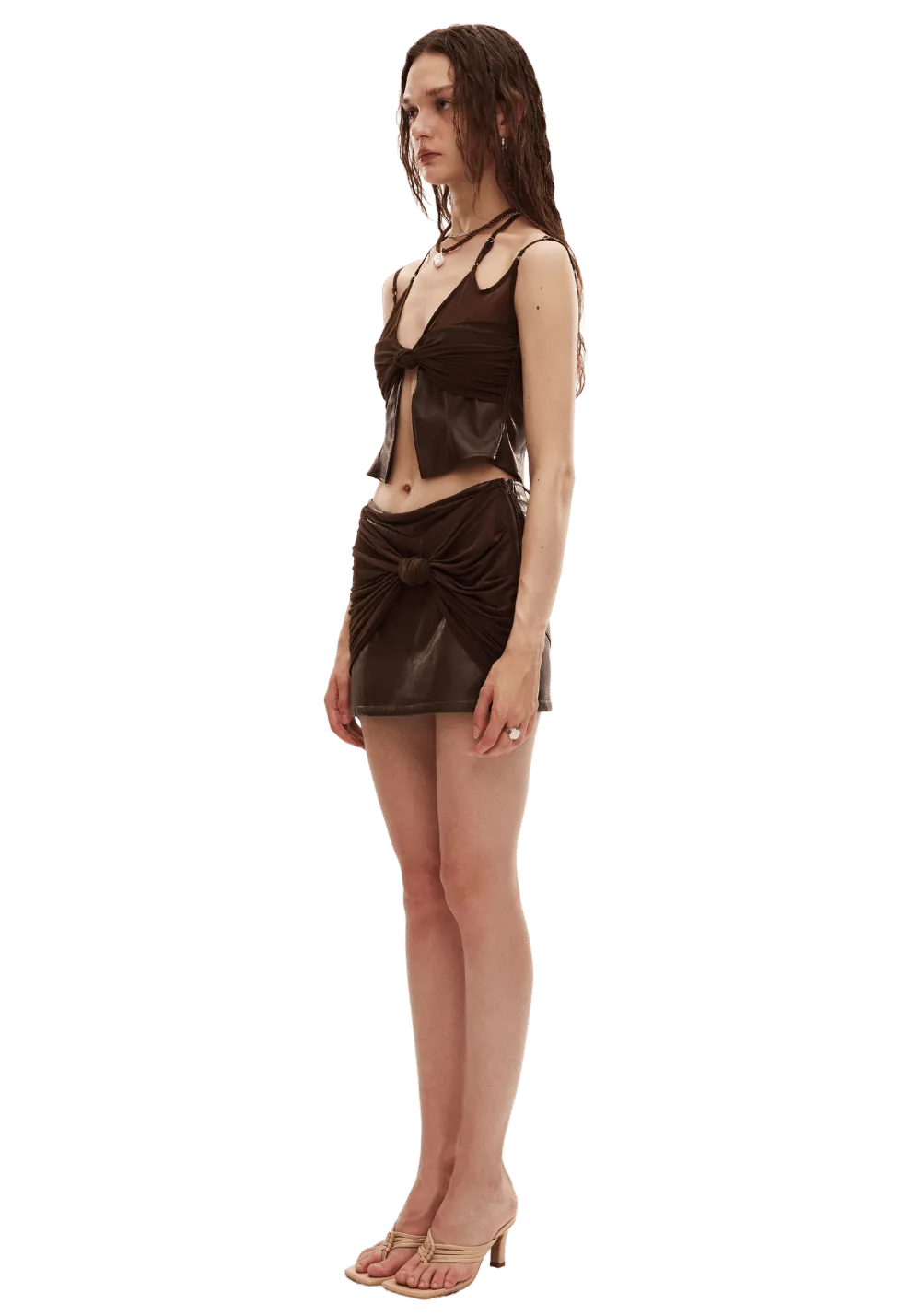 Knitted Patchwork Leather Knot Strap Top