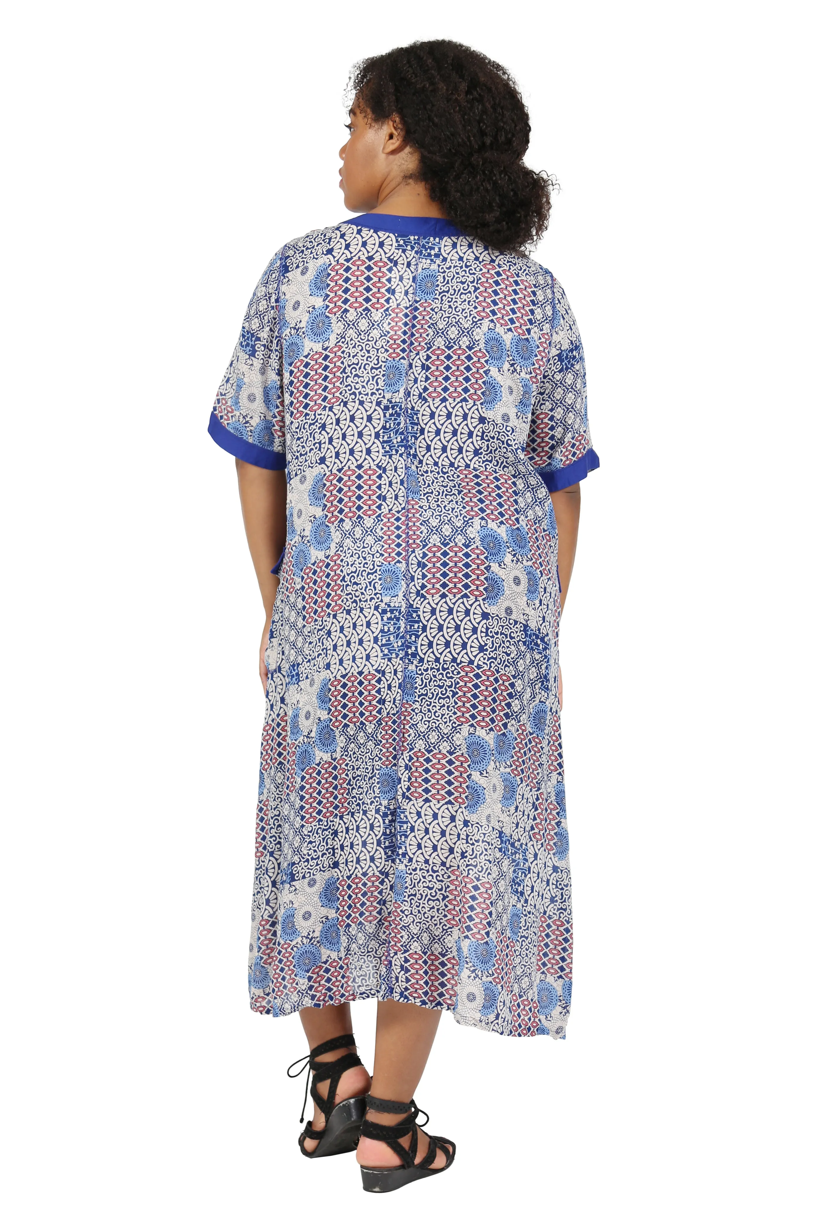La Cera Blue Patchwork Plus Size Short Sleeve Dress