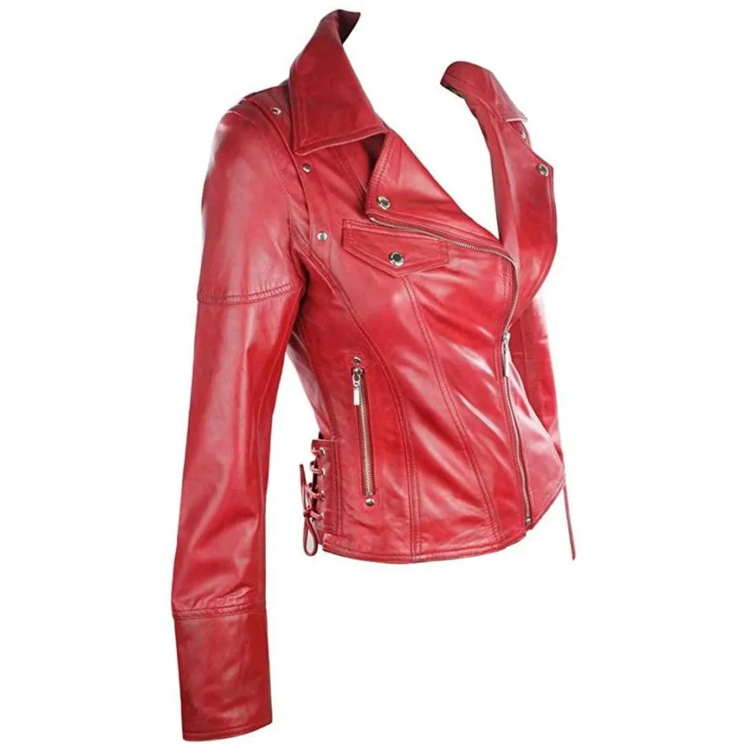 Leather 100% Jacket Biker Style Vintage Red Soft Leather
