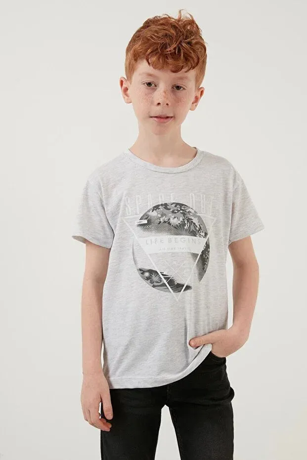 Lela Boy's Grey Printed Crew Neck Cotton T-Shirt
