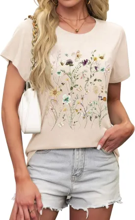 LETSEE Womens Graphic T Shirts Boho Wildflower Shirts Vintage Floral Printed Tees Short Sleeve Trendy Tops for 2025