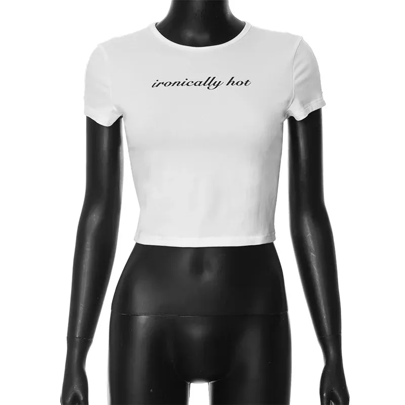 Letter Print Graphic Crop Tops See Through Lace Patchwork Short Sleeve T Shirt Women Summer Trendy Clothes P85-AH10