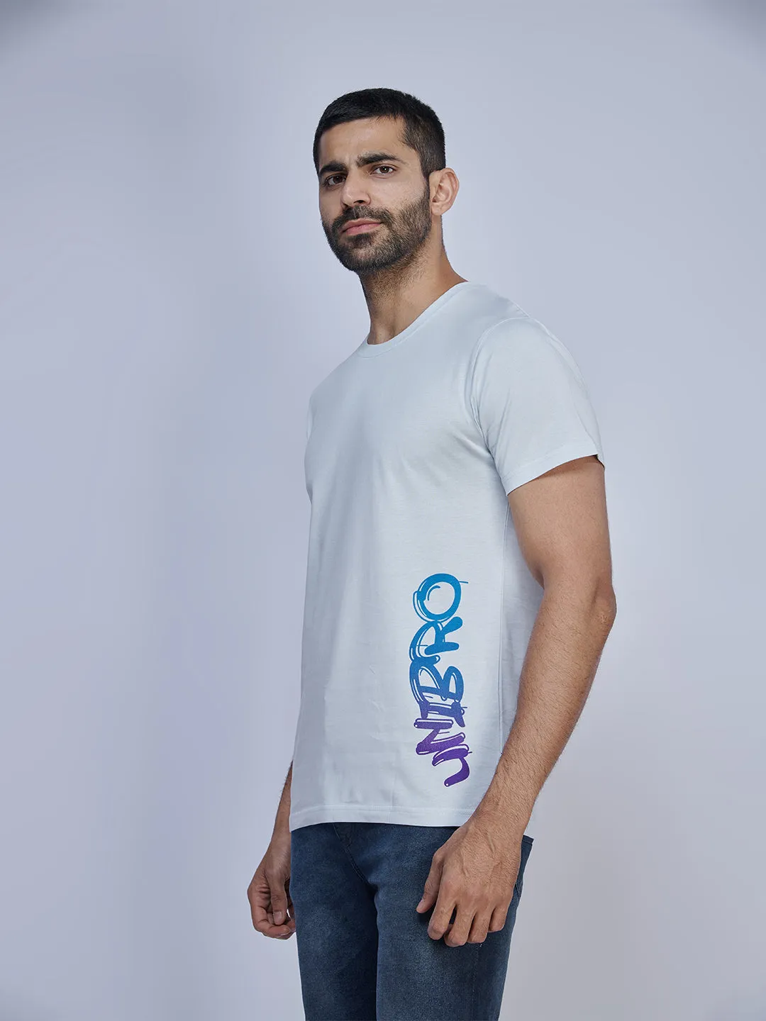 Light Blue Graphic Printed Round Neck Casual T-Shirt GT36