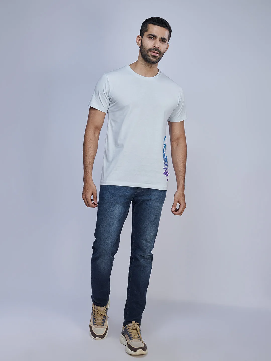 Light Blue Graphic Printed Round Neck Casual T-Shirt GT36
