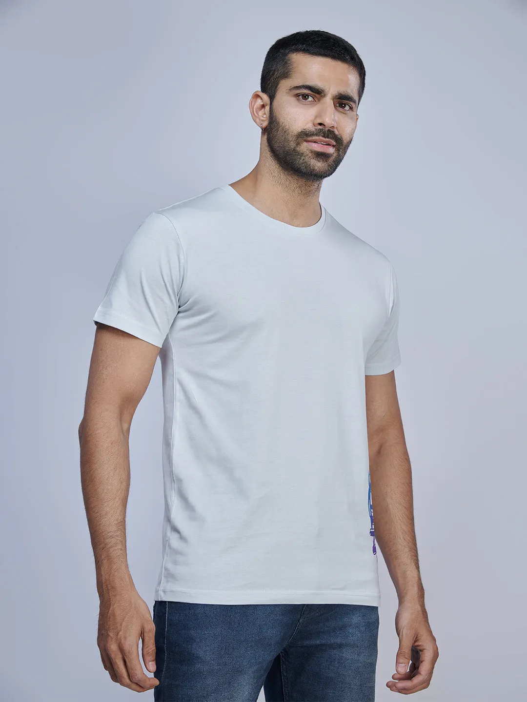 Light Blue Graphic Printed Round Neck Casual T-Shirt GT36