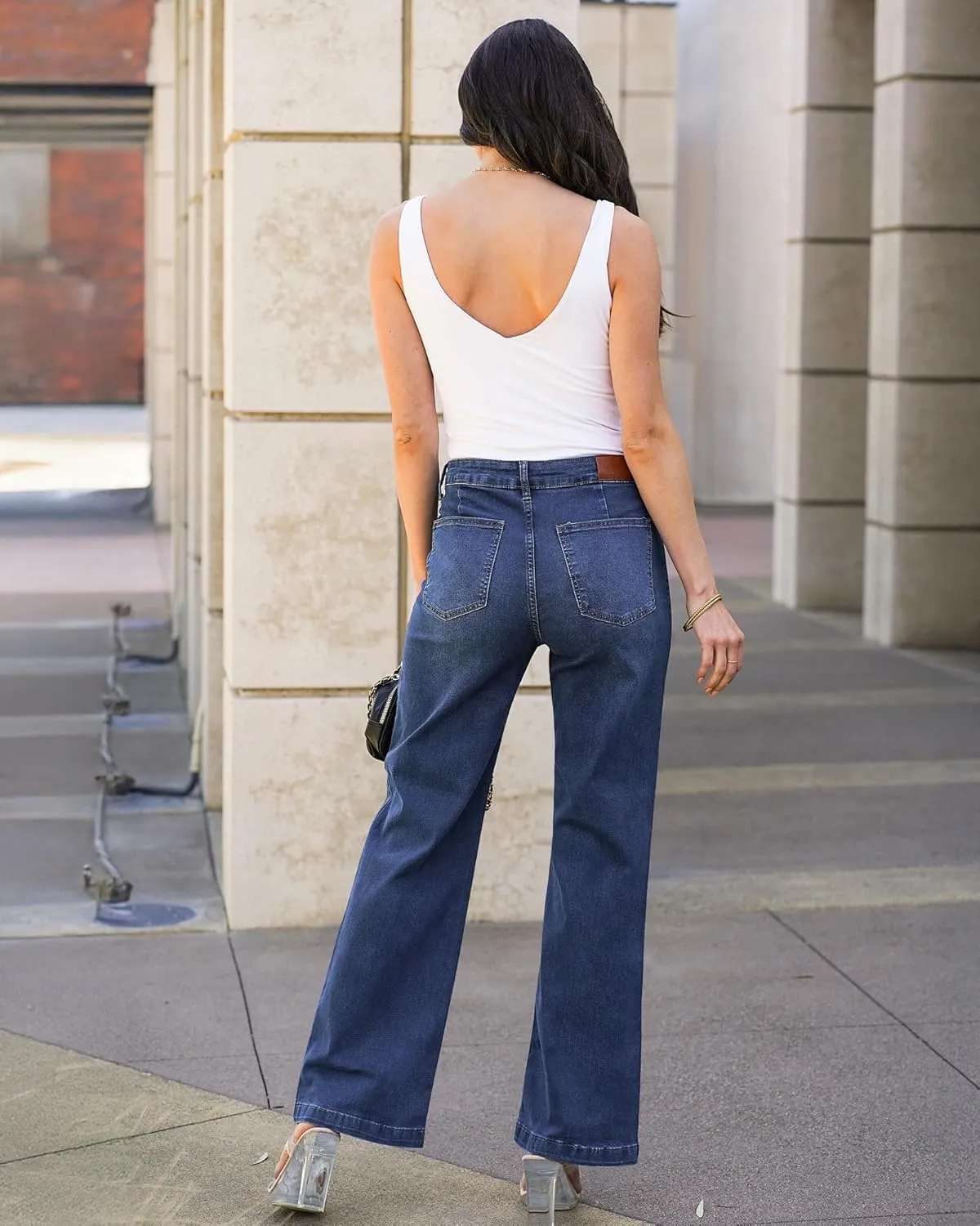 luvamia Wide Leg Jeans Woman High Waisted Trendy Stretchy Denim Work Trouser Jeans with Retro Button Flap Patch Pockets