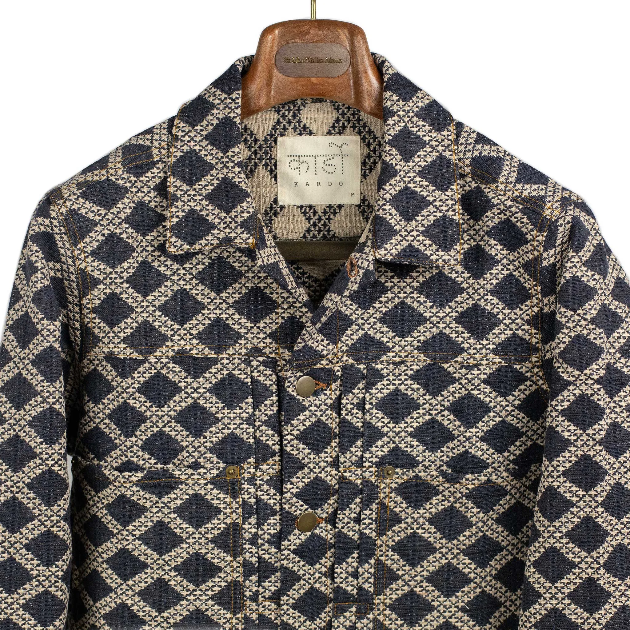 Marvin type two jacket in denim blue and ecru diamond jacquard